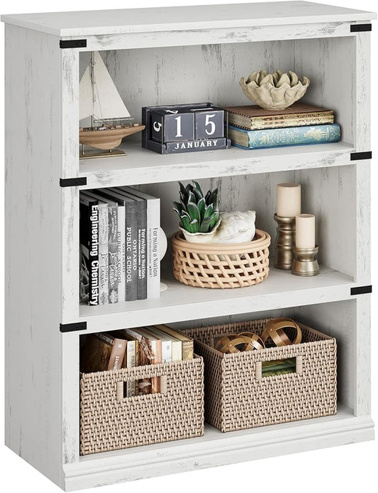 IDEALHOUSE 3 Tier Bookcase, Farmhouse Book Shelf with Storage, Low Book Case Wooden 3 Shelf Bookcase for Home Office, Living Room, Bed Room (White, 40.0" H x 31.5" W x 12.2" D)