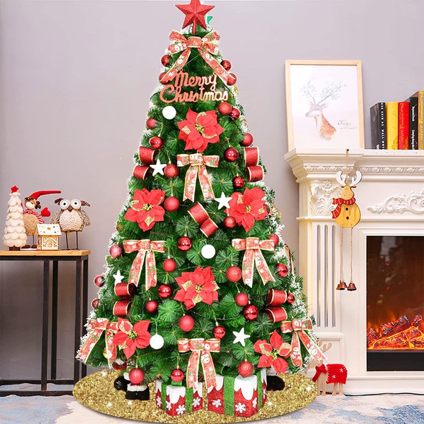 Gold Tree Skirt 36 Inch Shiny Sequin Christmas Tree Skirt Christmas Ornaments for Feast Tree Velvet Round Xmas Tree Skirts Glitter Metallic Christmas Tree Base Skirt Unique Sequins Tree Blanket.