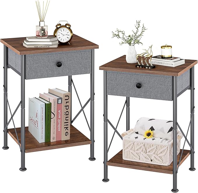 VECELO End Tables, Modern Nightstand with Fabric Drawer & Open Shelf, Night Stand for Bedroom Living Room, Industrial Metal Frame, Easy Assembly, Retro Brown,2 Pack
