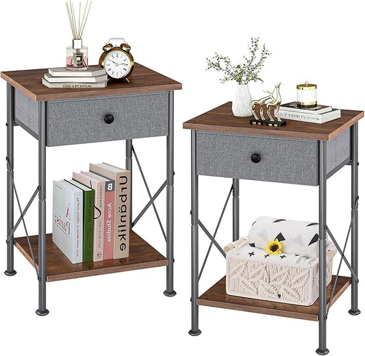 VECELO End Tables, Modern Nightstand with Fabric Drawer & Open Shelf, Night Stand for Bedroom Living Room, Industrial Metal Frame, Easy Assembly, Retro Brown,2 Pack