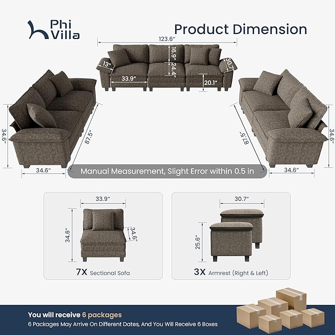 PHI VILLA Cloud Modular Couches Sets, 3 Pieces Large Sectional Sofa Set with Loveseats, 7-Seater Upholstered Couch for Living Room, Chenille Fabric, Smoky Grey