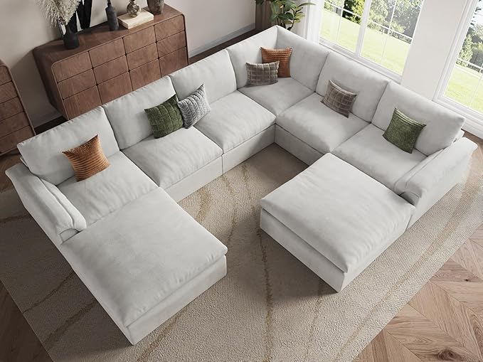 EASE MOOSE Oversized Sectional Cloud Couch-8-Seat, Corner V-Shaped Deep-Seat Modular Boneless Sofa, No-Assembly Chenille Sofa for Living Room, White