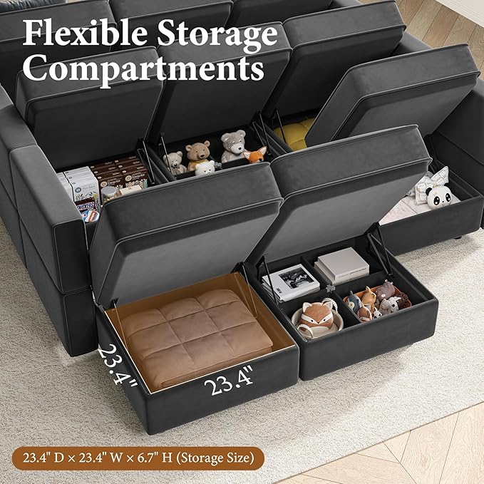 Vesgantti Sectional Couches with Storage Seats, 118" L Shaped Convertible Modular Sectional Sofa, 4 Seat & 2 Ottomans Velvet Storage Chaises Deep Seat Couch for Living Room, Bedroom, Apartment, Gray