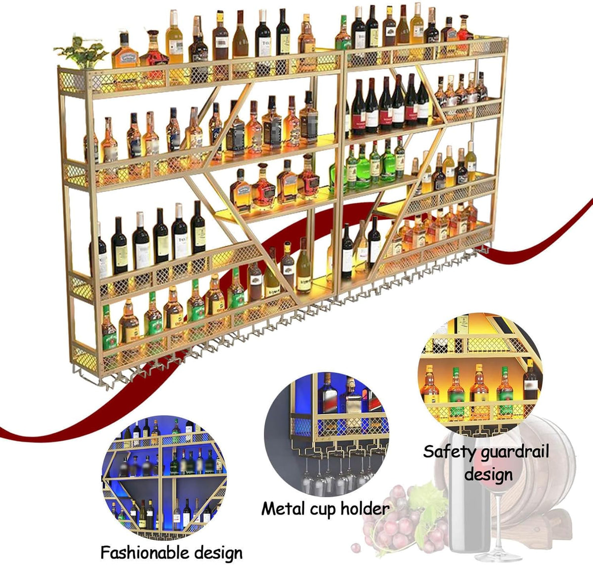 Wall Mounted Wine Rack with Glass Holder, 3-Tier Metal Storage Shelf, Black Diamond Design, Wine Bottle Display with Stemware Storage (Black, 31.49in/Right)