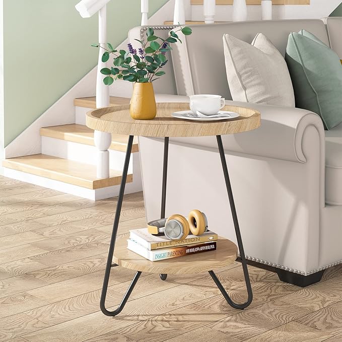 Tribesigns Round Side Table, 2-Tier End Table with Metal Legs, Modern Industrial Beside Table, Small Accent Table Snack Table for Living Room, Bedroom, Small Space, Easy Assembly, Wood Color