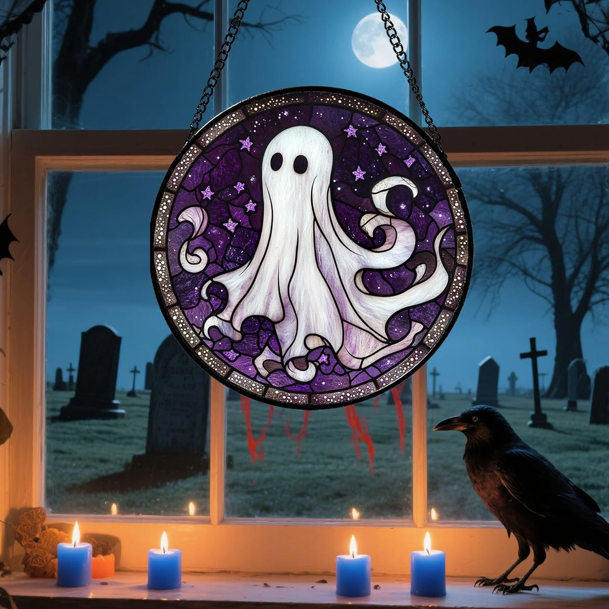 Stained Glass Window Hanging - Halloween Decorations White Ghost Purple Stars Suncatcher for Doors Garden Spooky Funny Sun Catchers Gothic Decor Horror Gifts for Women Men Friend 6.3 in
