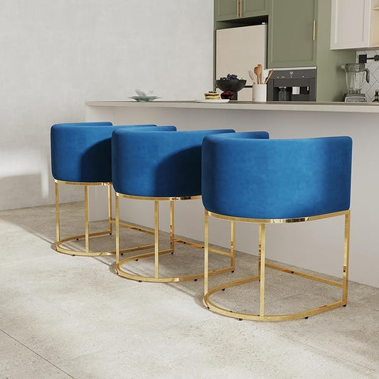 Contemporary Blue Velvet Bar Stools Set of 3, 24" Upholstered Fabric Counter Height Barstools Kitchen Counter Island Stools with Golden Metal Base