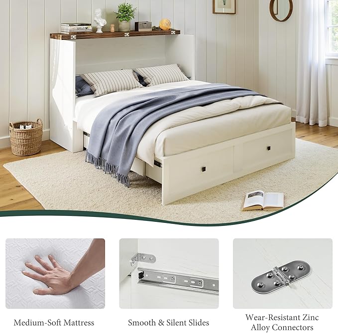 Full Murphy Bed with 6" Tri-Fold Memory Foam Mattress, Storage Drawer & Charging Station, Space-Saving Design for Home Office or Guest Room, White