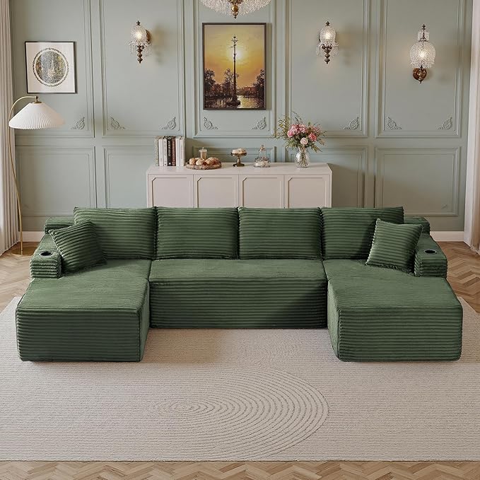 134''Oversized Modular Sectional Sofa Boneless Cloud Couch with Chaise Comfy Sectional Couches for Living Room,Bedroom,Apartment (Green, 134''W U-Shaped)