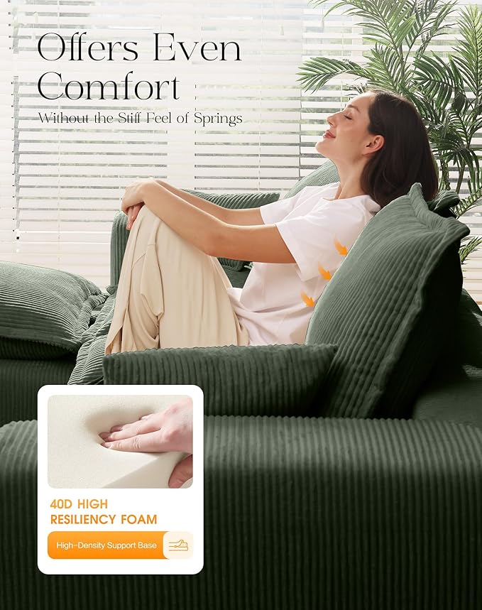 107" Comfy Cloud Couch with U-Shape Chaise & Deep Seat, Modular Sectional Sofa in a Box, Boneless Upholstered Couches for Living Room, No Assembly Required (Soft Corduroy, Green)
