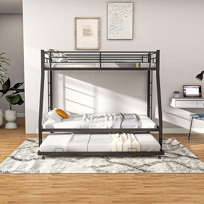 Giantex Twin Over Full Bunk Bed with Trundle, Heavy-Duty Metal Triple Bunk Beds w/Two Side Ladders & Safety Guard Rail, 3 in 1 Bunk Beds for Kids Teens, No Box Spring Needed, Black