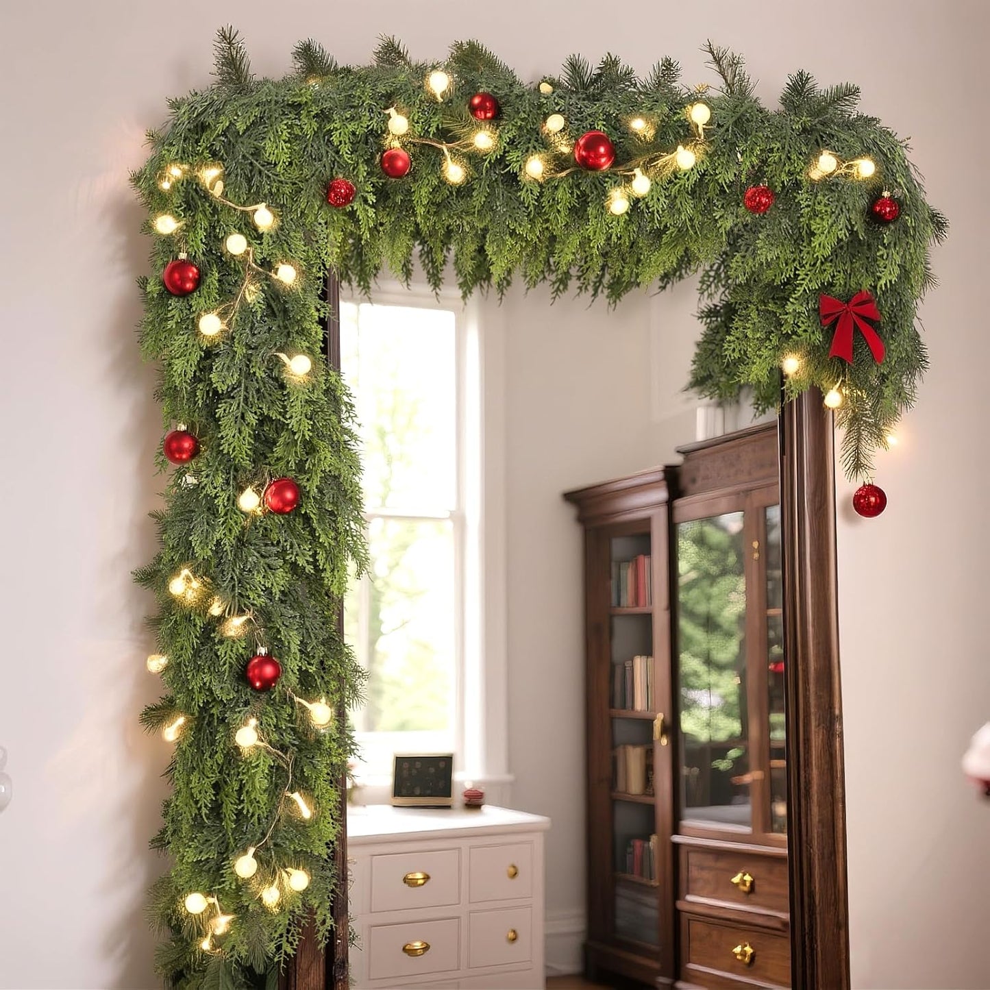 Real Touch Christmas Cedar Garland -6ft Artificial Garlands Faux Cedar Fake Pine Needles Garland for Fireplace,Table,Window,Stairs,Mante,Holiday Indoor Outdoor Xmas Decor(2PCS)