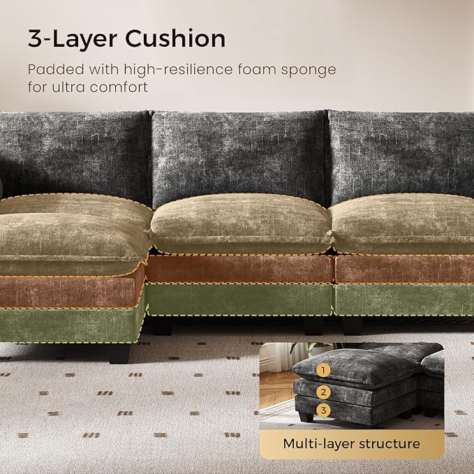 KKL 120" Huge Modular Sectional Sofa Bed, 8 Seater Convertible J/L/U-Shaped Sleeper Cloud Couch with Ottoman, Chenille Sectional Couches for Living Room, Apartment, Grey