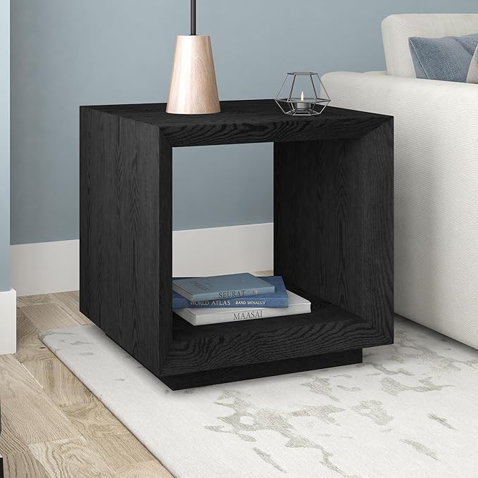Henn&Hart 22" Modern Square Wooden End Table, Side Table, Nightstand with Open Display Shelf for Living Room, Office, Family Room, or Bedroom, Black Grain