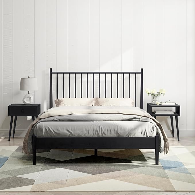 NTC Inno Wooden Bed Frame with Headboard, Solid Oak and Rubber Wood Foundation with Silent Slats and Wood Central Supports, 1000 Lb Capacity, Effortless Assembly, Queen - Burnt Black