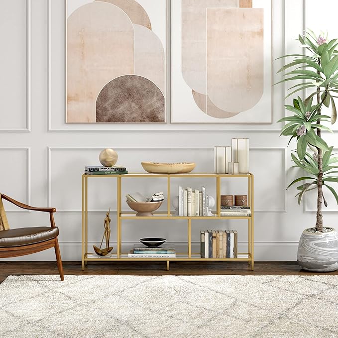 Henn&Hart 52" Wide Rectangular Console Table with Glass Shelves in Brass, Entryway Table, Accent Table for Living Room, Hallway