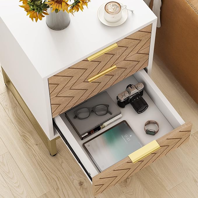 Tribesigns 3 Drawers Nightstand, 2Pcs Modern White and Gold Bedside Table with Metal Legs for Bedroom, Living Room, Apartment