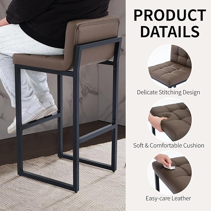 Set of 2 Barstools, Counter Height Bar Stools with Back, Faux Leather, Thickened Metal Legs, 30-inch Island Chairs for Kitchen Island, Bar, Counter (Coffee Brown, 2Pcs 30" Bar Stools)