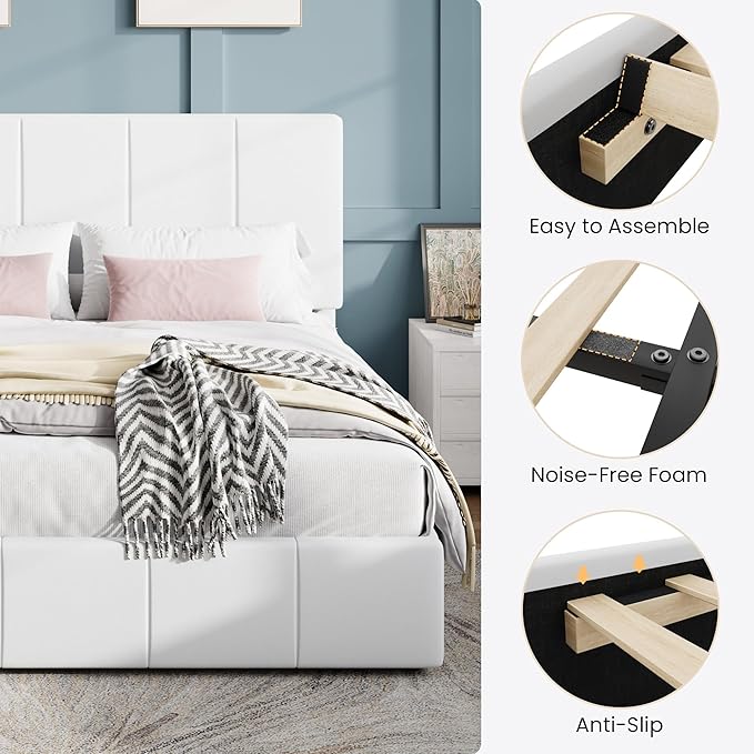 SHA CERLIN Queen Bed Frame, Velvet Upholstered Platform Bed Frame, Vertical Channel Tufted Adjustable Headboard, Low Profile Bed Frame, No Box Spring Needed, Easy Assembly, White