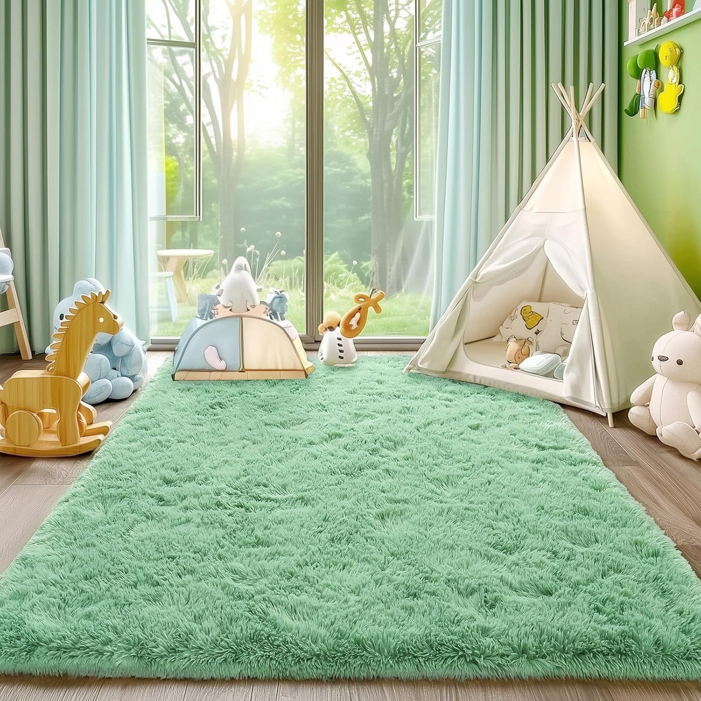 Rezutan Fluffy Rug for Living Room Bedroom, Large Comfy Modern Shaggy Fuzzy Kids, Plush Indoor Nursery Classroom Home Decor Bedside Rug with Non-Slip Bottom, Sage Green, 5X7 Feet