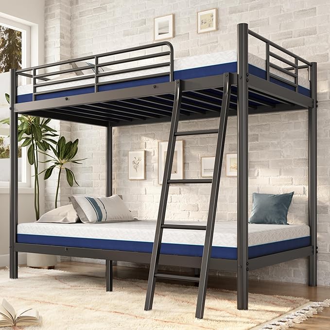 Bunk Bed Twin Over Twin with 6'' Mattresses Included, Heavy Duty Metal Bunk Bed Frame with Angled Ladder for Teens and Adults, for Spaces-Saving, Smooth Rounded Edges, Black