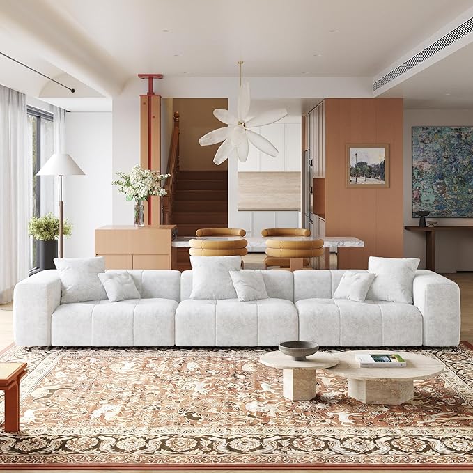 JACH 144 Inch Modular Sofa, Mid Century Modern Extra Deep Corner Seat Couch, 3-Seater Sofas for Living Room, Sectional Couches, Cozy Sofa for Apartment, Living Room (Linen Fabric, White)