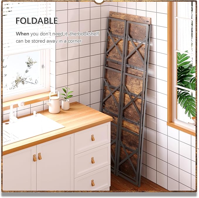4NM 6 Tiers No Assembly Book Shelves, 61.8" H Folding Bookshelf Bookcase Open Industrial Foldable Shelves for Bedroom, Living Room, Home Office - Rustic Brown Black