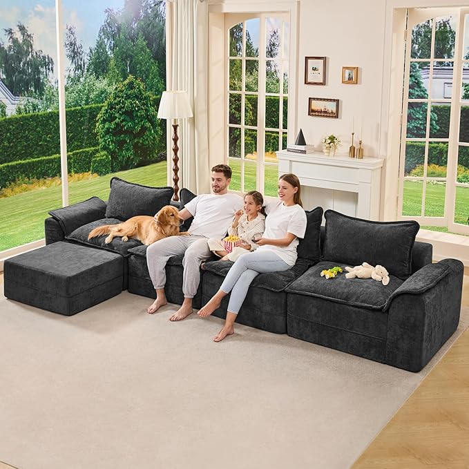 Hobestluk Cloud Modular Sectional Couch 4-Seater Sofa with Ottoman L Shaped Couch Deep Seat Sofa with Removable Cover Large Sofa for Living Room (Dark Grey, 4-Seater Sofa with One Ottoman)