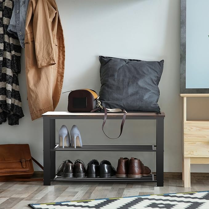 Simple Houseware Wood Top Shoe Storage Bench for Entryway, Rustic Brown