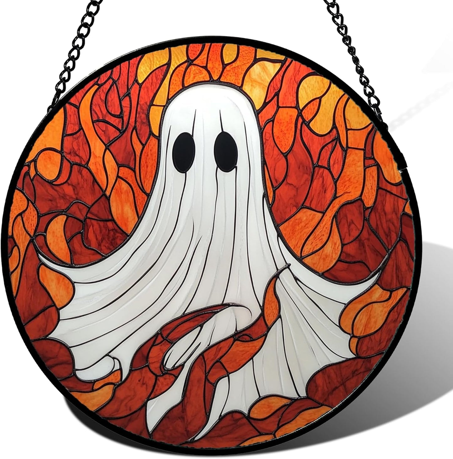 Stained Glass Window Hanging - Halloween Decorations White Ghost Orange Sky Suncatcher for Doors Garden Funny Spooky Sun Catchers Gothic Decor Horror Gifts for Women Men Friend Boy 6.3 in