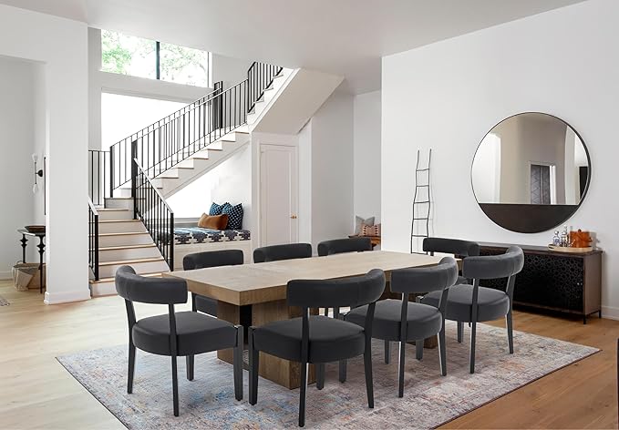 Modern Black Dining Chairs Set of 6, Faux Leather Upholstered Kitchen & Dining Room Chairs, Mid Century Modern Wooden Dining Chairs Oversized Sturdy Rounded Chairs Curved Back