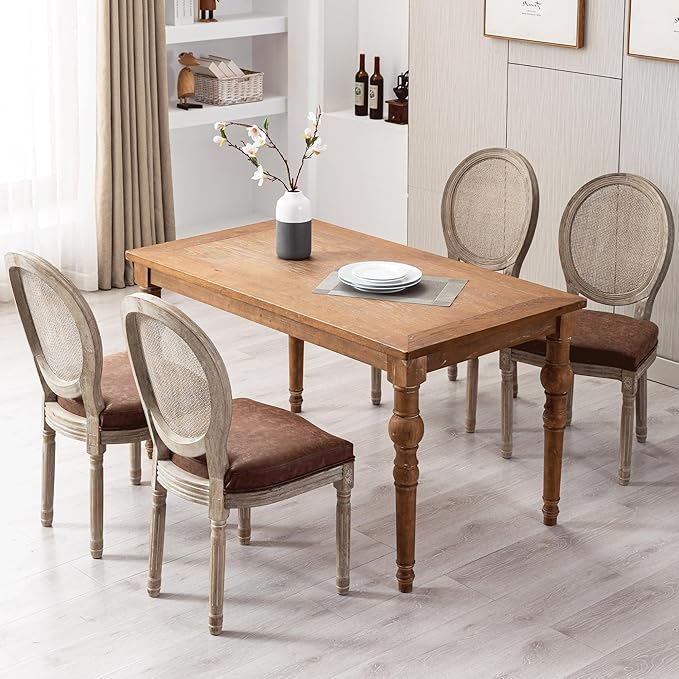 Farmhouse Leather Dining Room Chairs Set of 6 French Dining Chairs with Round Rattan Back French Bistro Chairs for Dining Room/Living Room/Kitchen/Restaurant, Brown