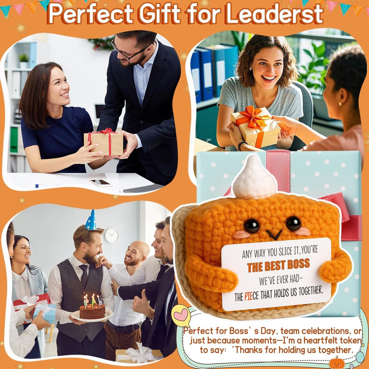Crochet Pumpkin Pie Gift Idea for Boss – Funny Handmade Appreciation Plush with card “Best Boss” – Farewell Gifts for Women Men, Office Desk Decor, Mini Thank You Token for Manager, Supervisor, Leader