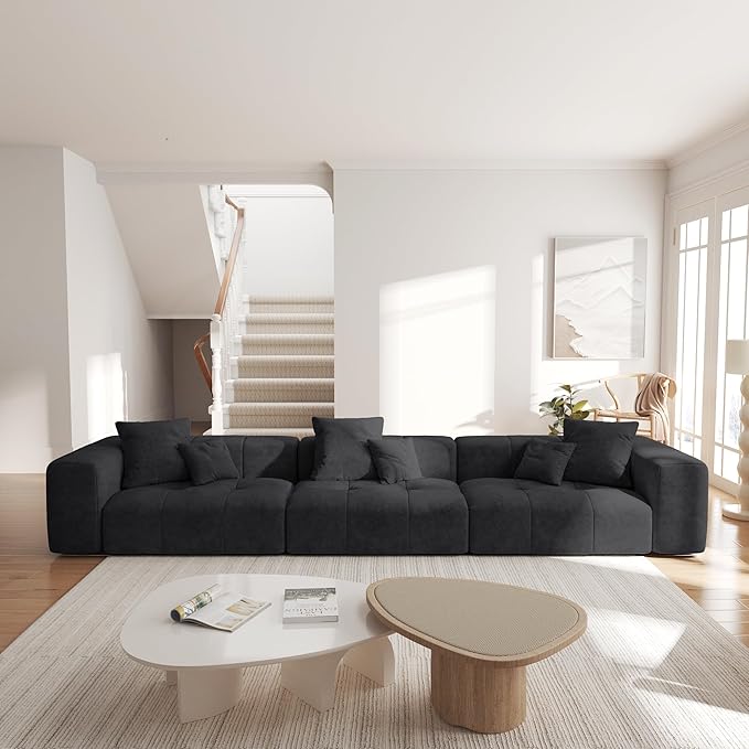 JACH 144 Inch Modular Sofa, Mid Century Modern Extra Deep Corner Seat Couch, 3-Seater Sofas for Living Room, Sectional Couches, Cozy Sofa for Apartment, Living Room (Linen Fabric, Black)