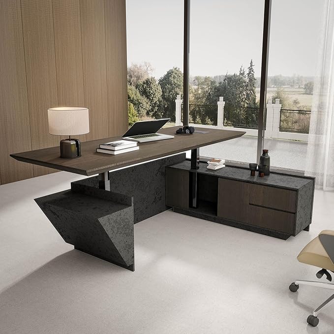 78.74" Adjustable Height L-Shaped Executive Desk with LED Light Strip - Black Inverted Trapezoid Design, Includes Storage Cabinet with Drawers & Doors, Ergonomic Standing Office Desk for Home & Office