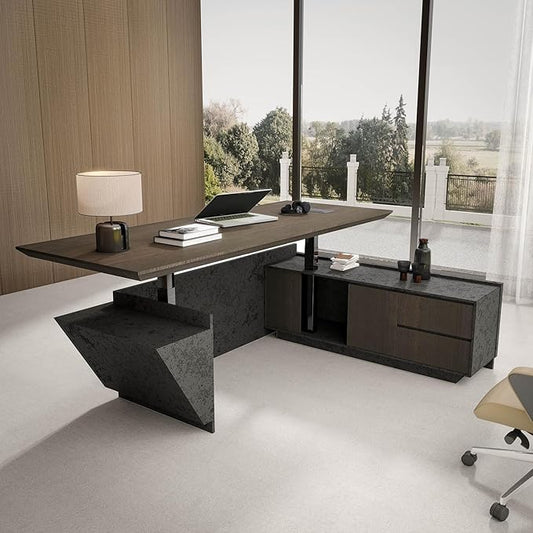 78.74" Adjustable Height L-Shaped Executive Desk with LED Light Strip - Black Inverted Trapezoid Design, Includes Storage Cabinet with Drawers & Doors, Ergonomic Standing Office Desk for Home & Office