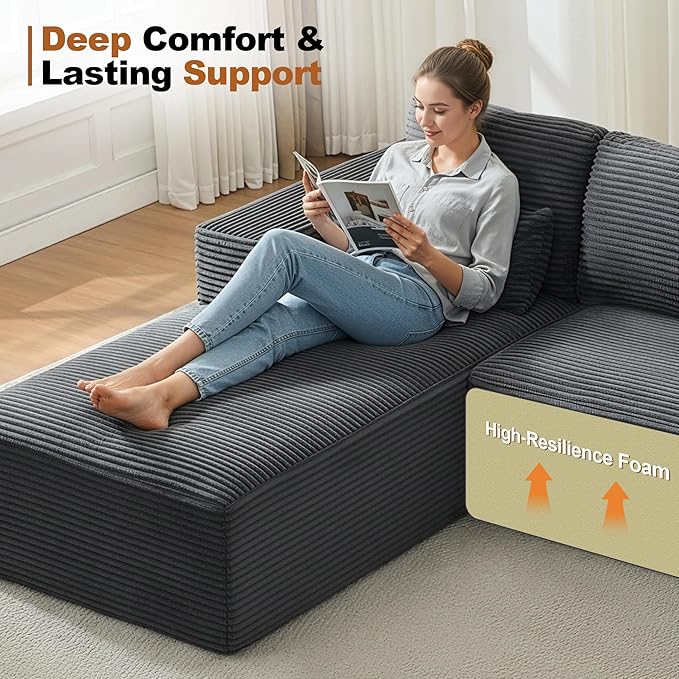 L-Shape Cloud Modular Sectional Sofa Couch,Modern Boneless Sectional Couch with Deep Seat,Upholstered Couches for Living Room Bedroom,No Assembly Required,Grey