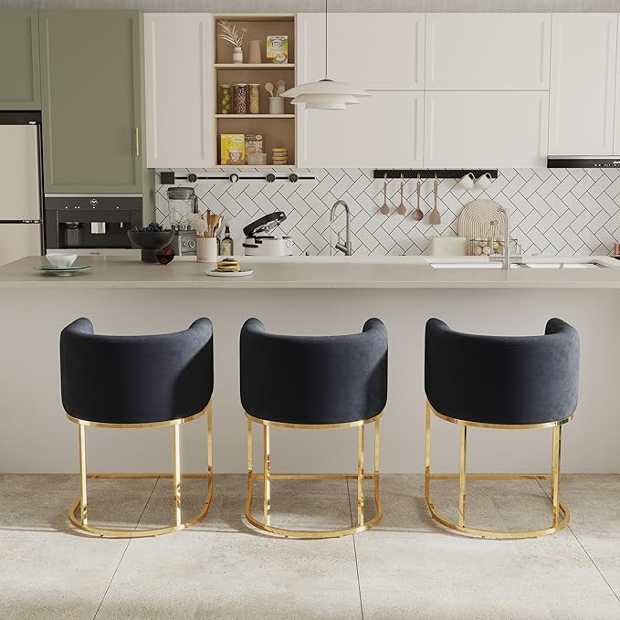 Black Velvet Bar Stools Set of 2, 24" Contemporary Upholstered Fabric Counter Height Barstools Kitchen Counter Island Stools with Golden Metal Base