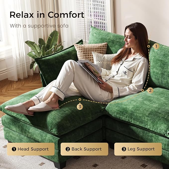 KKL 91.3" Large Modular Sectional Sofa Bed, 6 Seater Convertible U/J/L-Shaped Sleeper Cloud Couch with Ottoman, Chenille Sectional Couches for Living Room, Apartment, Green