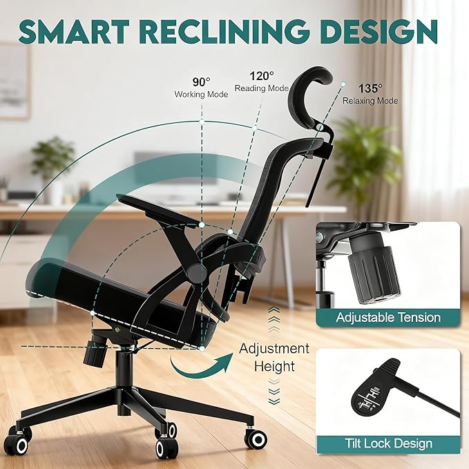 Ergonomic Office Chair - 400LB Comfy Desk Chairs with Adjustable Headrest and Lumbar Back Support, Mesh Computer Chairs with Wheels and Arms for Home Office, Study, Bedroom and Dorm (05black)