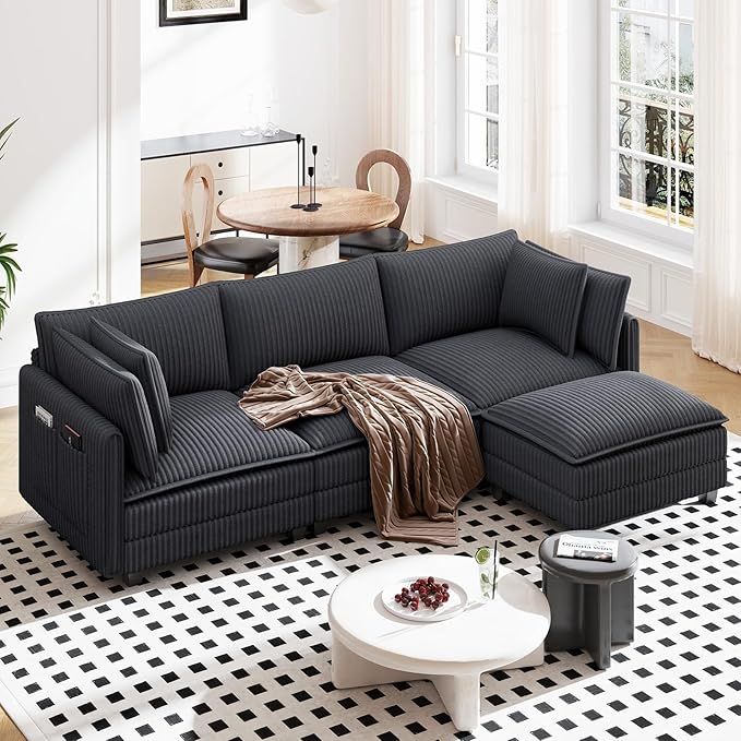 Vesgantti 109" L Shaped Cloud Sectional Couch, Comfy Corduroy Upholstered Modular Couches for Living Room, Modern 3 Seater Sectional Sofa with Ottoman Deep Seat, Dark Grey