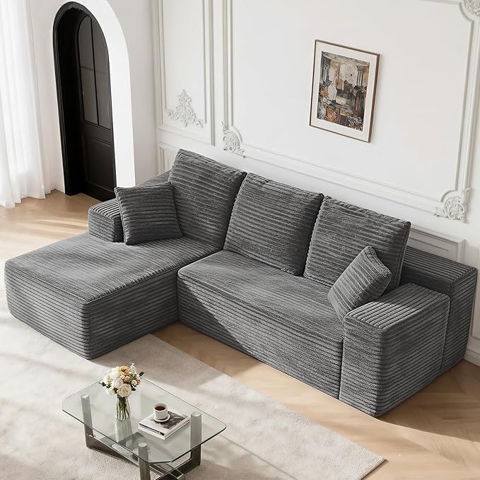 107" Boneless Couches for Living Room, Modular Cloud Sectional Couches L Shaped Sofa with Oversized Chaise Comfy Corduroy Home Sofa (Grey, Left Facing Chaise)