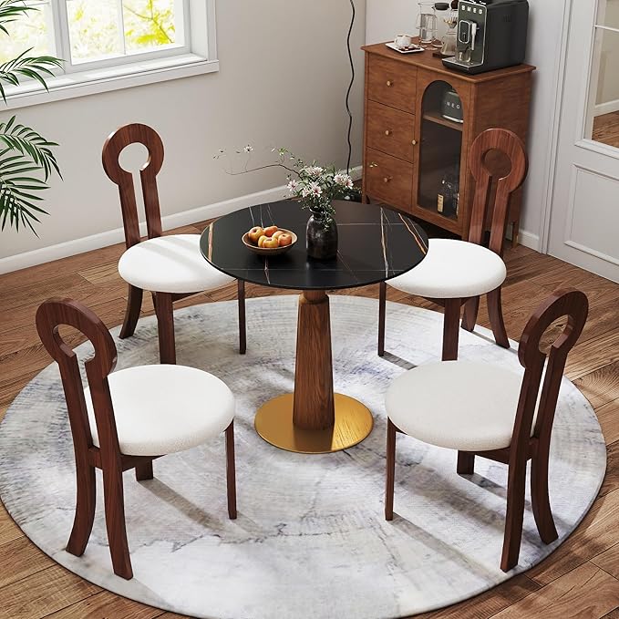 Sintered Stone Office Table and Chair Set - 33.5" Round Table for Small Offices (Light Brown Leg and Black Top, 1 Table and 4 Chairs)