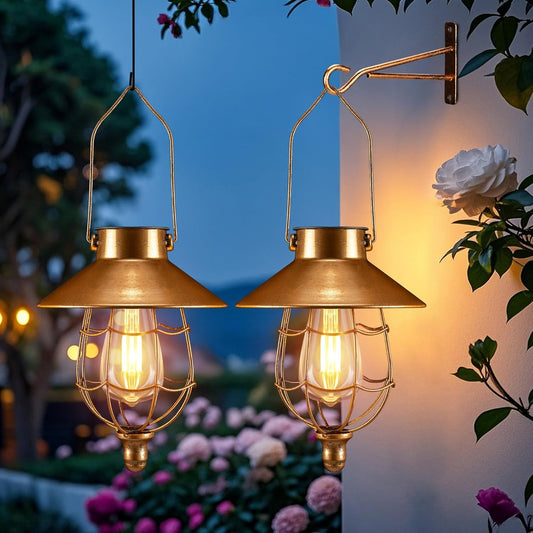 pearlstar 2 Pack Solar Lantern Outdoor Hanging Light Waterproof Metal Solar Lamp for Yard Garden Pathway Patio Porch Decor(Copper)