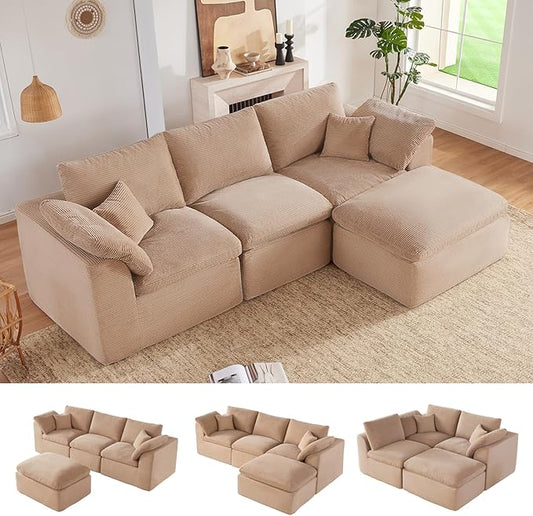 112" Cloud Sectional Couch, Boneless couches for Living Room, L Shaped Couch with Convertible Ottoman, Modular Sectional Sofa with Deep Seat, Comfy Soft Cushions, No Assembly, Camel