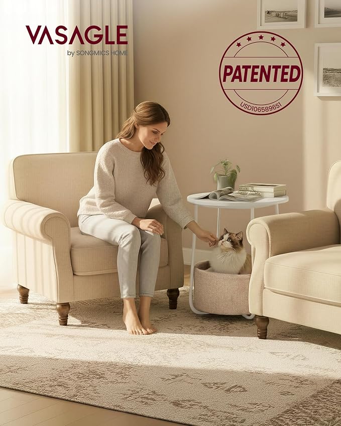VASAGLE LILEA Collection - Small Round Side End Table, Modern Nightstand with Fabric Basket, for Living Room, Bedroom, Set of 2, Matte White and Camel Brown ULET225WG01S