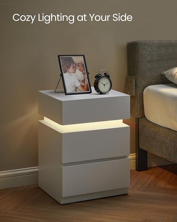 VASAGLE Nightstands with LED Lights, Set of 2, Adjustable Light Colors, Bedside Tables, Side Tables with 3 Drawers, Modern Style, 13.8 x 15.7 x 21.7 Inches, Cloud White ULET799T12