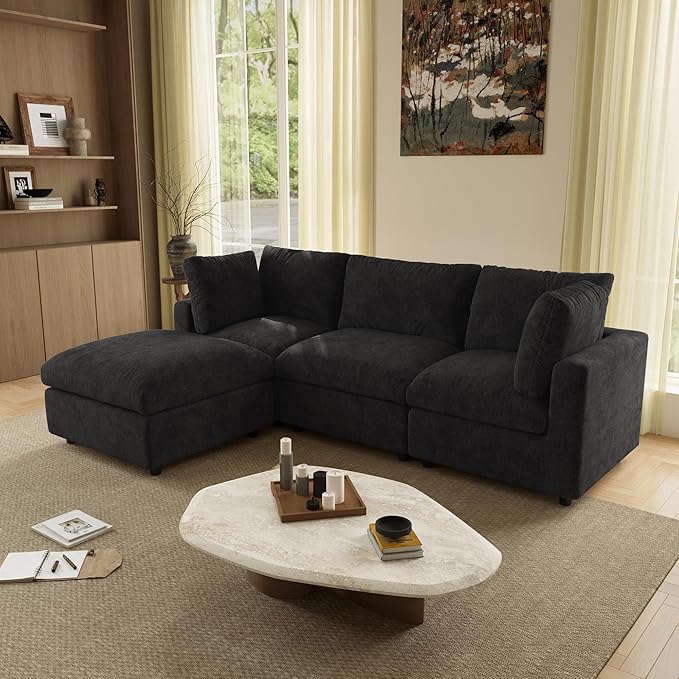 WJShome Modular Sectional Cloud Couch Modern L Shaped Sofa with Ottoman, 100 Inch 3-Seat Chenille Deep Seat Couches for Living Room, Bedroom and Apartment，Black