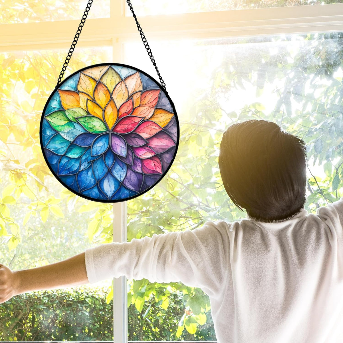 Stained Glass Window Hanging, Colorful Flower Petals Sun Catchers Diamond Glass Panel Hangings Suncatcher Decor for Birthday for Women, Men, Wife, Aunt, and Mom 11.8x11.8 in