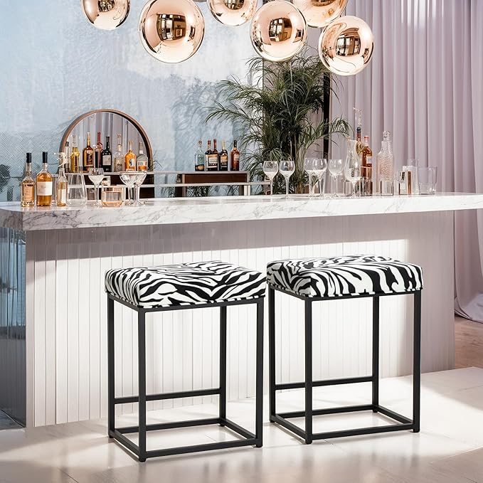 MAISON ARTS Bar Stools Set of 3 | Counter & Bar Height Kitchen Island Stools | Modern Black & White Zebra Stripes Metal Barstools | 24" Backless Farmhouse Bar Height Stools